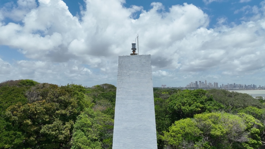 Touristic Cabo Branco lighthouse of Joao Pessoa Paraiba at Brazil Northeast. Joao Pessoa Brazil. Aerial landscape of tourism landmark of city. Travel landscape. Tropical travel. Summer landscape.