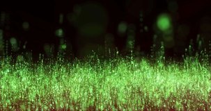 Green droplets similar to natural grass and lines fly up and down beautiful bright luminous shiny with energy magic with a blur effect. Abstract background, intro, video in high quality 4k