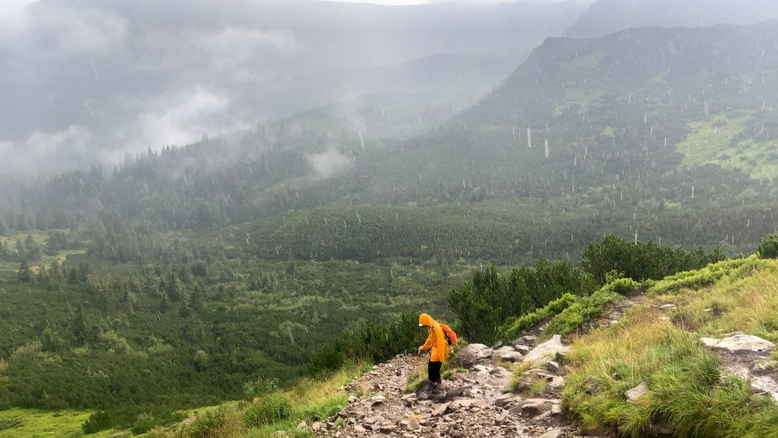 woman in yellow raincoat going down by rocky trail rainy weather Ukrainian carpathians