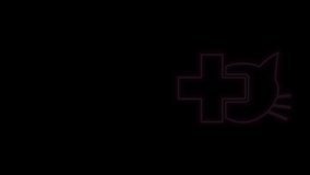 Glowing neon line Veterinary clinic symbol icon isolated on black background. Cross with cat veterinary care. Pet First Aid sign. 4K Video motion graphic animation.