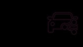 Glowing neon line Car sharing icon isolated on black background. Carsharing sign. Transport renting service concept. 4K Video motion graphic animation.
