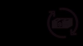 Glowing neon line Refund money icon isolated on black background. Financial services, cash back concept, money refund, return on investment, savings account. 4K Video motion graphic animation.