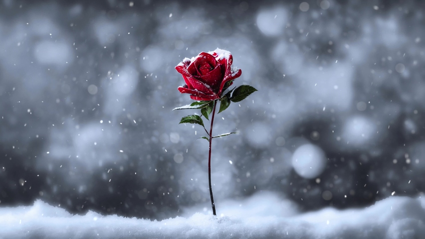 A computer generated animation of a single red rose stem growing up through snow against a blurred winter background with snow falling in a seamless loop, 3D illustration, centre. A.I. generated art.
 Royalty-Free Stock Footage #1095967877