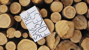 save the forest poster, vertical video for smartphones. environment concept - a pile of cut tree trunks close up. forest pine and spruce trees. wood industry, forestry, lumber industry, deforestation.