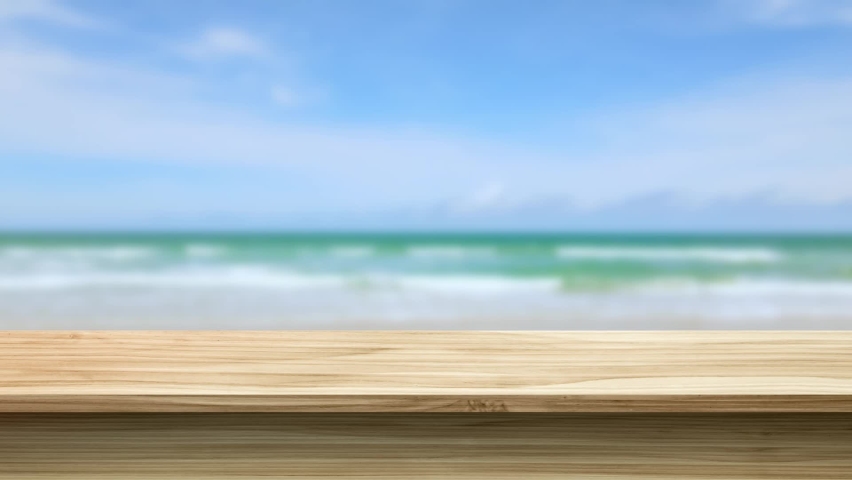 empty wooden table against the blurred ocean beach background, product display stand, 3d mockup, video footage Royalty-Free Stock Footage #1095968141