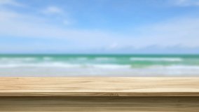 empty wooden table against the blurred ocean beach background, product display stand, 3d mockup, video footage