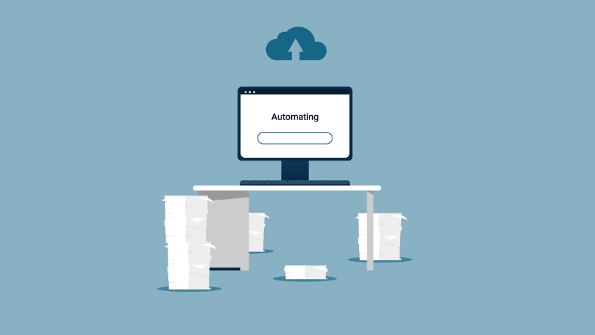 Office work automation - Computer automating and taking over manual paper work with loading bar on screen and uploading to cloud. 2d flat design animation