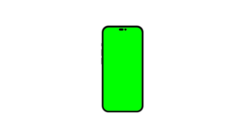 Mobile phone with blank green screen sliding to right side, front view, isolated on white background. 4K animation with camera track motion for presentation on mockup screen