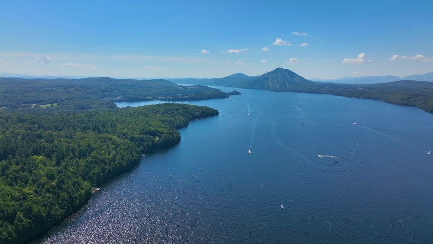 Lake Memphremagog aerial view in summer in Memphremangog Regional County Municipality RCM in Province of Quebec QC, Canada. 