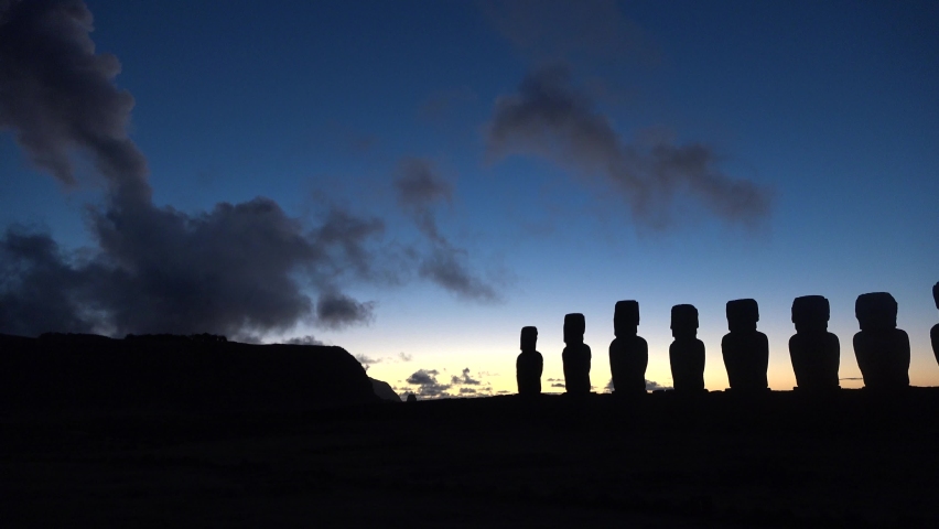Easter Island. Stone statues on the ocean.