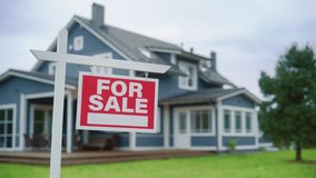 For Sale Sign on a Lawn in Front of a Modern House with Traditional Design. Real Estate Property, Mortgage, Housing Market and Home Ownership Concept. - Powered by Shutterstock - Get 15% off with code: PIKWIZARD15