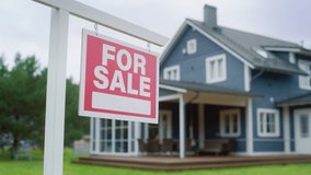 Arc Shot of a Red Home for Sale Sign in Frontyard of a Big Blue Stylish House with Traditional Architecture. Housing Market Concept with Residential Property on Sale in the Suburbs. - Powered by Shutterstock - Get 15% off with code: PIKWIZARD15