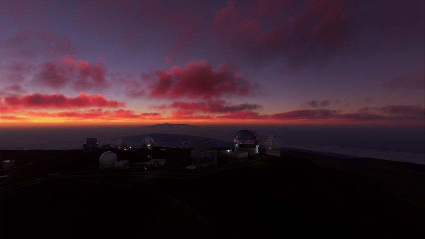 3D - Aerial view with a circular plane at sunset of the Mauna Kea observatory in Hawaii, United States of America