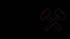 Glowing neon line Two crossed hammers icon isolated on black background. Tool for repair. 4K Video motion graphic animation.