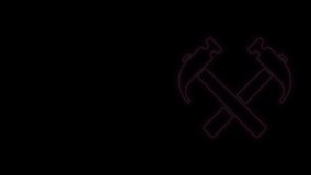 Glowing neon line Two crossed hammers icon isolated on black background. Tool for repair. 4K Video motion graphic animation.