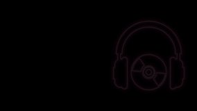 Glowing neon line Headphones and CD or DVD icon isolated on black background. Earphone sign. Compact disk symbol. 4K Video motion graphic animation.