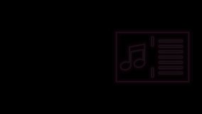 Glowing neon line Music book with note icon isolated on black background. Music sheet with note stave. Notebook for musical notes. 4K Video motion graphic animation.
