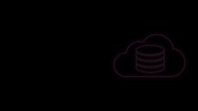Glowing neon line Cloud database icon isolated on black background. Cloud computing concept. Digital service or app with data transferring. 4K Video motion graphic animation.