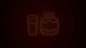 Glowing neon line Sports nutrition bodybuilding proteine power drink and food icon isolated on black background. 4K Video motion graphic animation.