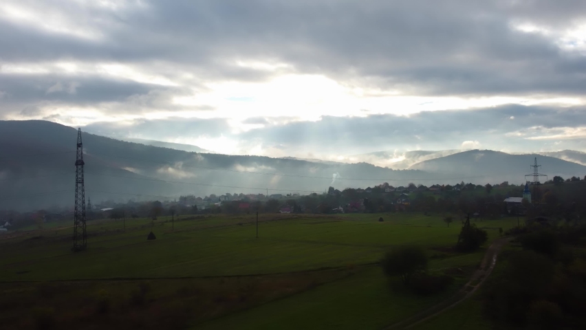 power lines in the Carpathian mountains. Ukraine. aerial. autumn