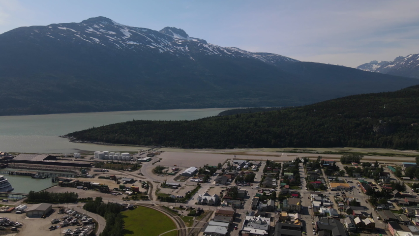 Panorama view above the city of Skagway and Taiya Inlet at Lynn Canal in Alaska
