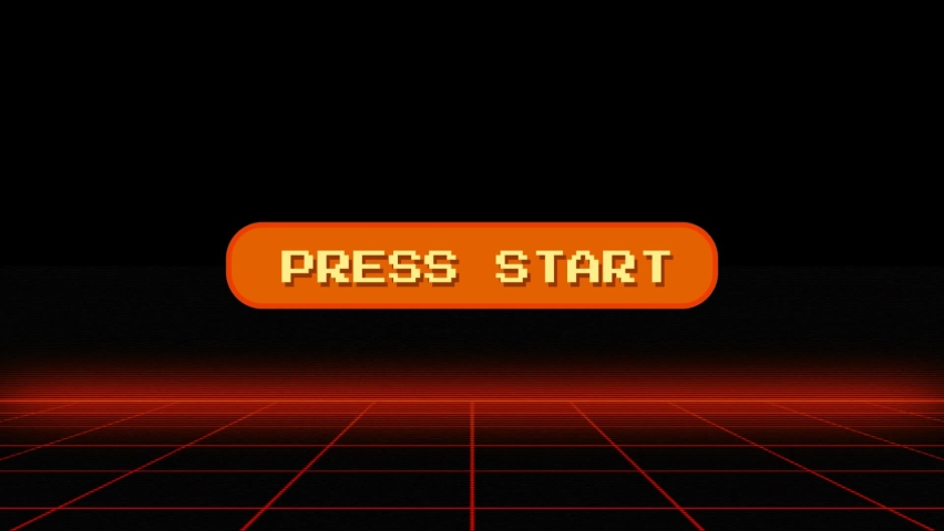 Red 1980's vintage cyberpunk neon perspective grid, initial retro video game screen with the written text "press start" in a pop-up window. Vaporwave abstract animation clip - Powered by Shutterstock - Get 15% off with code: PIKWIZARD15