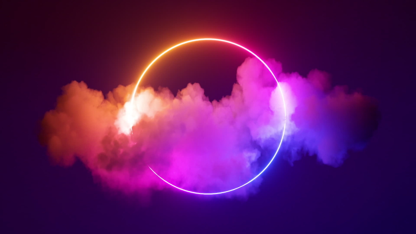 cycled 3d animation. Glowing neon ring and illuminated thunder cloud spins and rotates endlessly. Abstract round frame, laser line in the sky Royalty-Free Stock Footage #1096007487