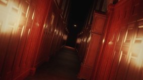 Animation of danger with flames over scary narrow corridor. Horror, fright and halloween concept digitally generated video.