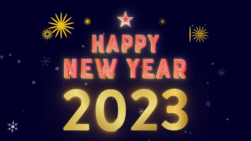 happy new year 2023 fireworks background video. Animated text of Happy new year 2023 glowing in neon lights. Happy New Year 2023 on dark blue background decorated for new year's eve invitation. Royalty-Free Stock Footage #1096013067