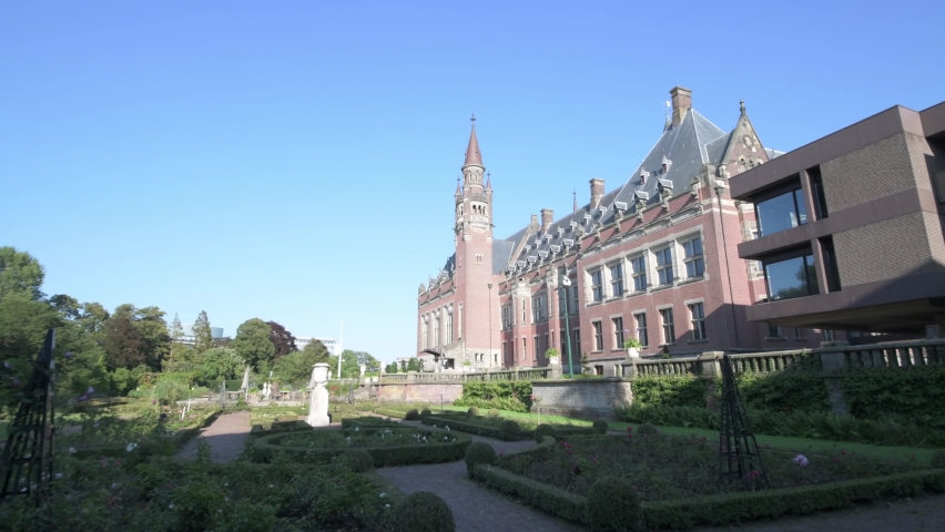 Garden and backyard of the Peace Palace, the seat of the principal judicial organ of the United Nation located in The Hague, Netherlands