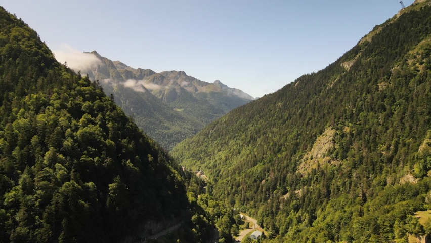 France, Pyrenees, Artouste, ski resort, small French village, typical ski resort in the mountains. Aerial drone view.