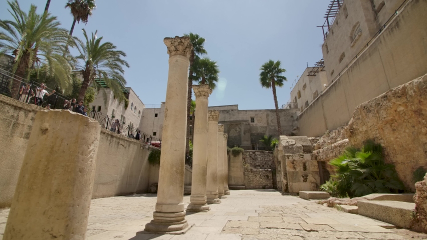 Roman Columns In Cardo Maximus Near The Tzemach Tzedek Synagogue In Old Town Of Jerusalem, Israel. - pOV