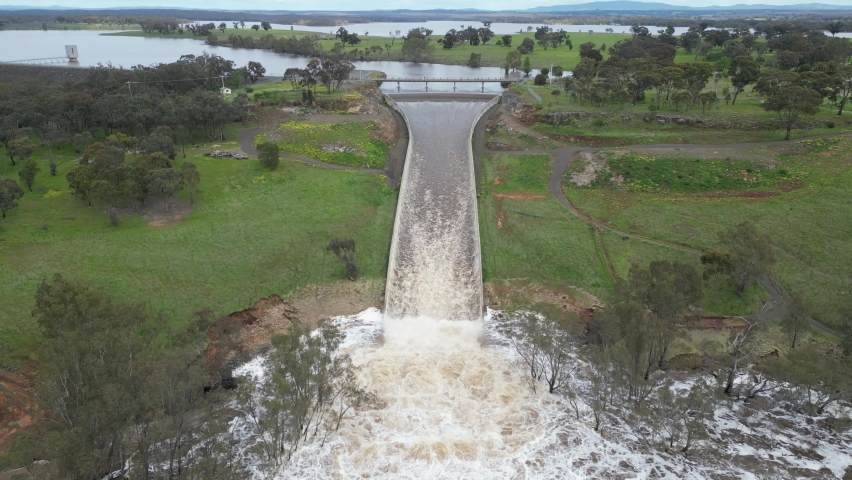Lake Eppalock dam spillway overflowing into the Campaspe River near Bendigo after heavy spring rain