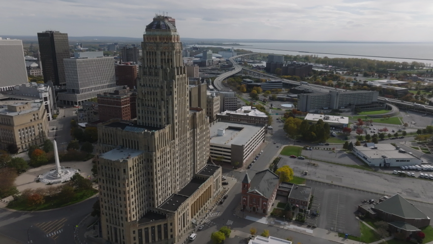 flying towards and around iconic City Hall of Buffalo NY