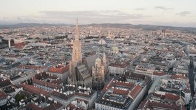 Sunrise over St. Stephens Cathedral. Vienna, Austria - 4k Aerial Drone Footage	
