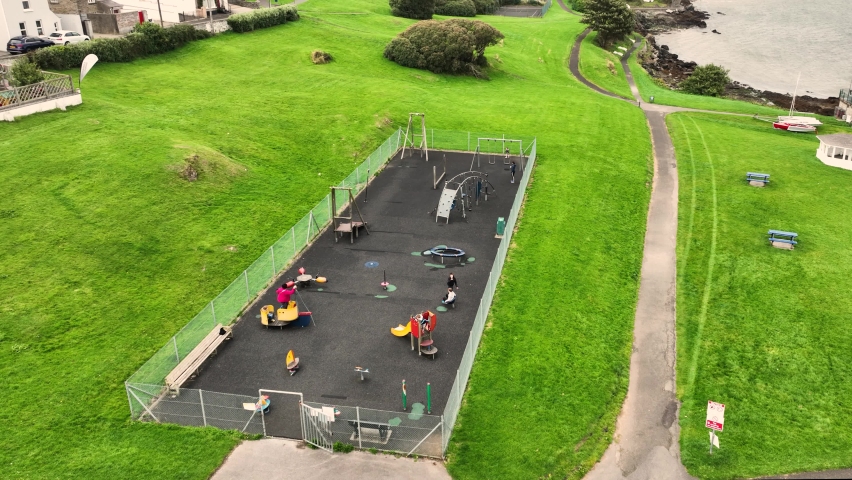 Aerial Video of Moville Town Playpark on the Wild Atlantic Way Co Donegal Coast Ireland