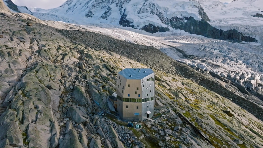 The Monte Rosa hut in Switzerland alps. Drone flight to the right Royalty-Free Stock Footage #1096033263