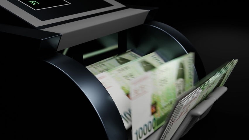 10000 South Korean won in cash dispenser. Withdrawal of cash from an ATM. Financial transaction in the bank terminal. KRW.