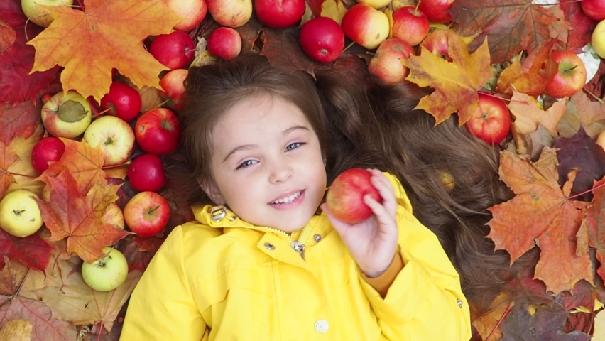 Close-up portrait of a beautiful cute girl with long hair and blue eyes in an autumn yellow jacket lying on her back maple leaf. apples, red and yellow leaves on the hair in the autumn outdoor park