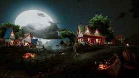 Funny monsters dance against the background of a cozy village. Halloween night. Concept of video postcard. Beautiful concept of Halloween night.