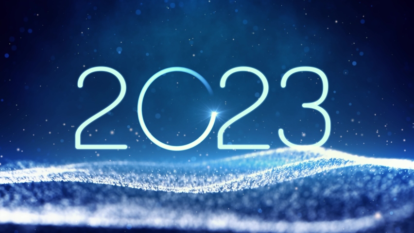 Happy new year 2023 neon animation. Shiny blue gradient numbers 2023 on glittering and sparkling wave. New Year background. | Shutterstock HD Video #1096039457