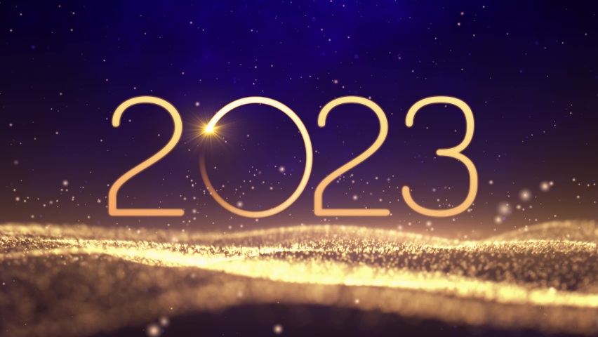 Happy new year 2023 neon animation. Shiny golden gradient numbers 2023 on glittering and sparkling wave on blue background. New Year background. | Shutterstock HD Video #1096039459