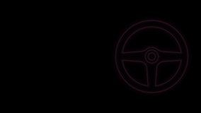 Glowing neon line Steering wheel icon isolated on black background. Car wheel icon. 4K Video motion graphic animation.