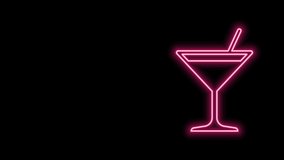 Glowing neon line Martini glass icon isolated on black background. Cocktail icon. Wine glass icon. 4K Video motion graphic animation.