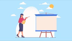 Business strategy video concept. Young moving female consultant or company employee presents plan to achieve goals. Successful Entrepreneur. Ambition and career growth. Flat graphic animated cartoon