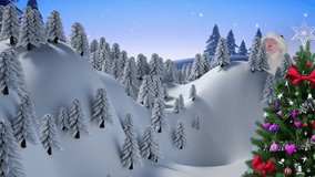 Animation of christmas tree over winter scenery. Christmas, tradition and celebration concept digital generated video.