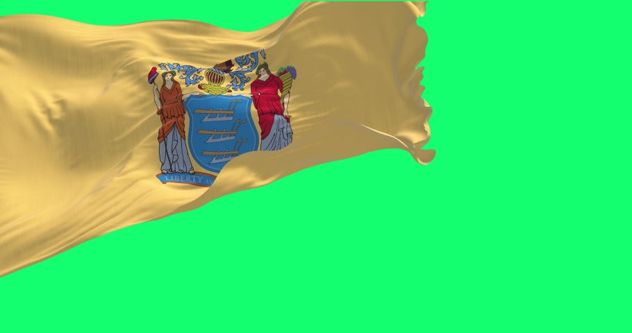 Flag of New Jersey state waving isolated on a green background. New Jersey is a federated state of the United States of America. 3D render. Seamless loop in slow motion. Green screen and chroma key