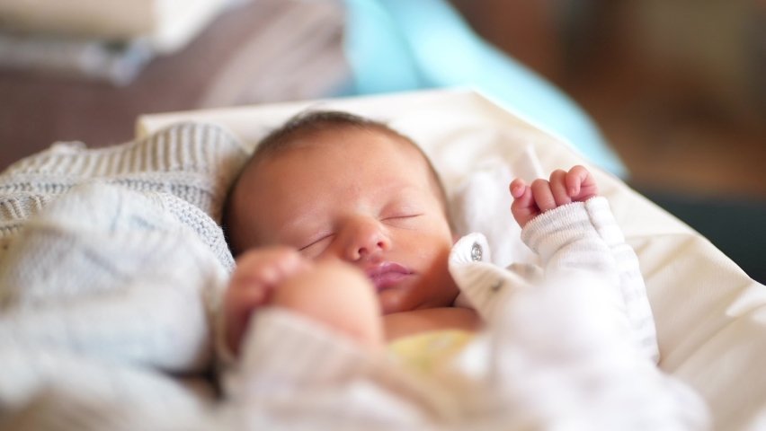 newborn baby sleep. boy infant sleep lies in a child bed. happy family birthday closeup baby concept. cute baby lifestyle close up sleeping in bed at home Royalty-Free Stock Footage #1096055891
