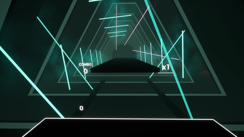 Gameplay of saber music rhythm game in first person VR. 3d character cuts cubes by beat by light sabers in saber game metaverse. 140 bpm. Neon environment and dynamic stage lights. Virtual reality. Royalty-Free Stock Footage #1096057893