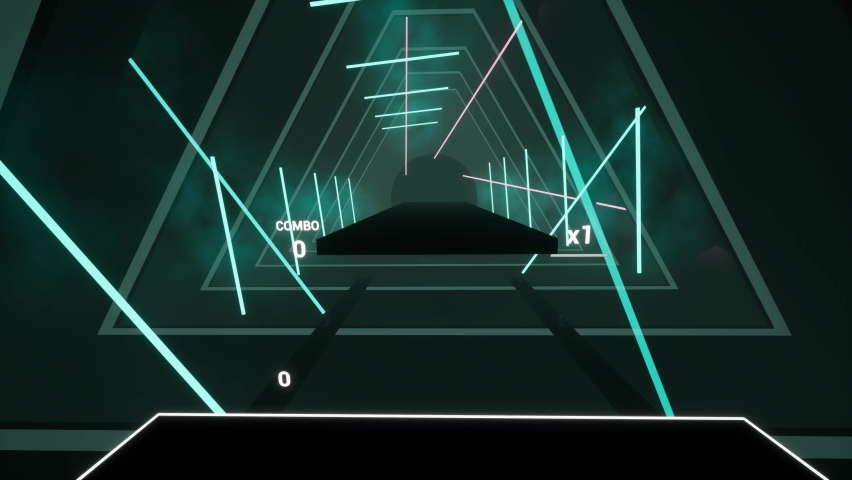 Gameplay of saber music rhythm game in first person VR. 3d character cuts cubes by beat by light sabers in saber game metaverse. 140 bpm. Neon environment and dynamic stage lights. Virtual reality.